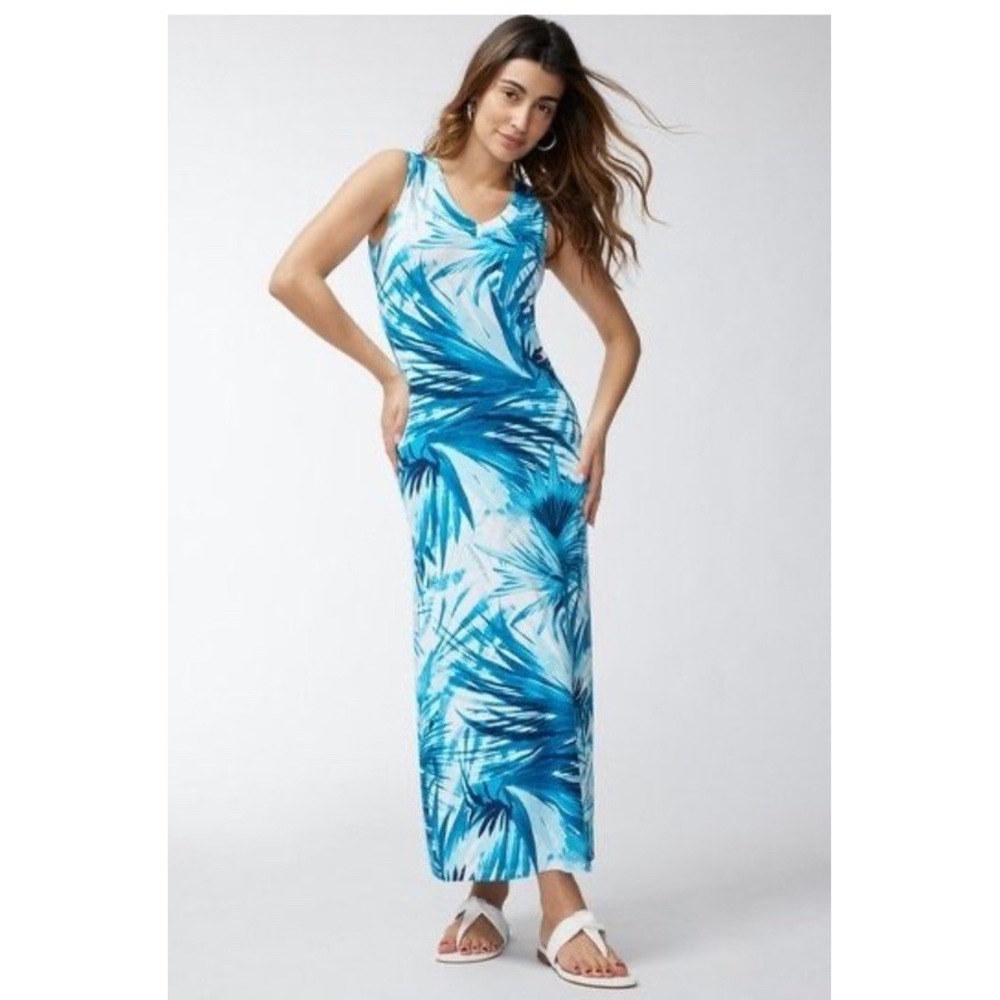 Chico's Women Blue Tropical Palm V Neck Maxi Dress Size 3 XL Sleeveless